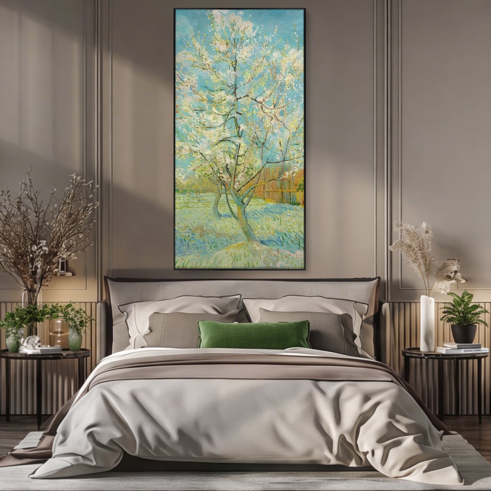 Tablou canvas cu pictura cu un copac inflorit primavara, in rama de aluminiu negru, pe perete intr-un dormitor